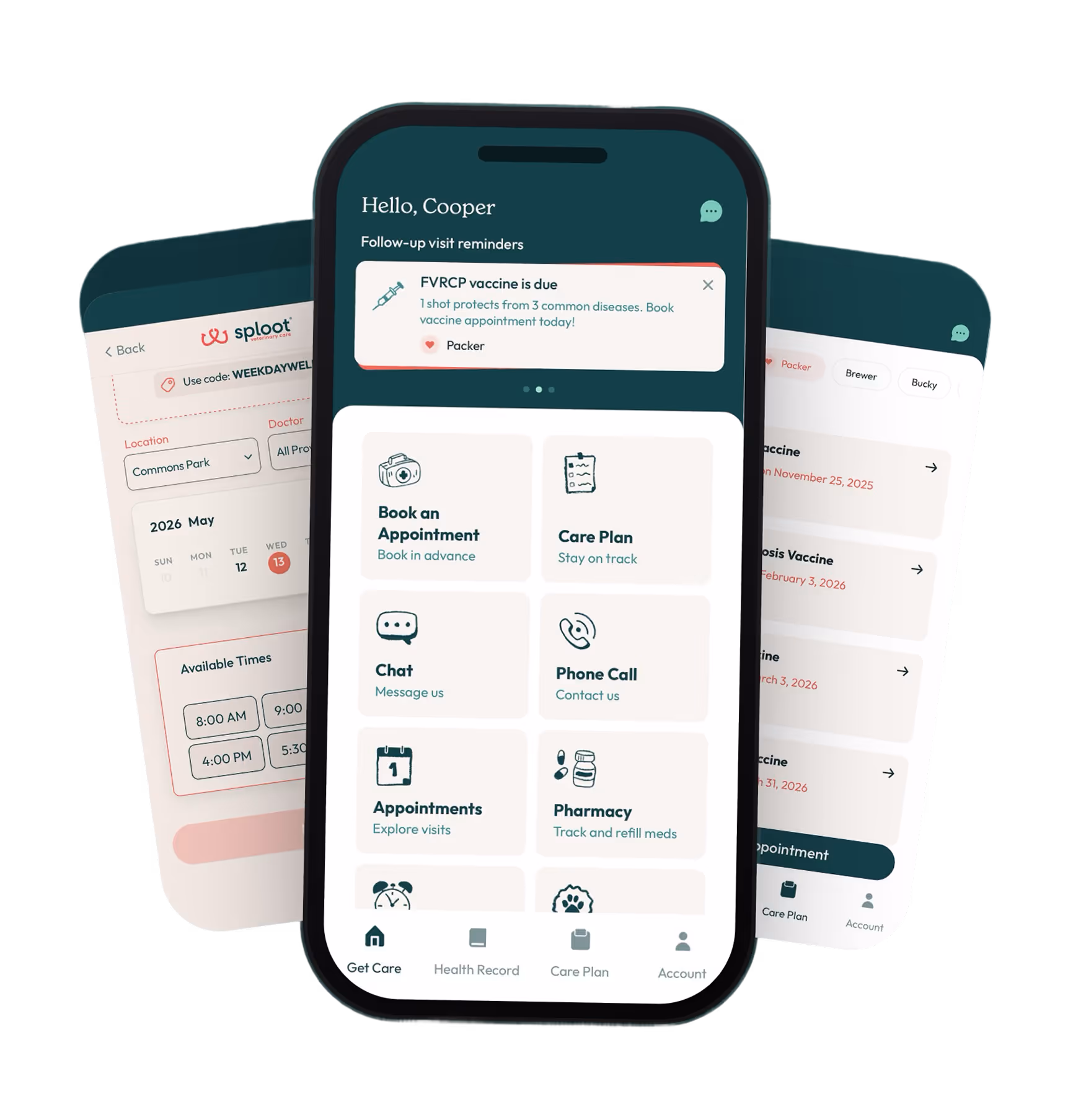 The Sploot app on a phone, showing a pet's records, appointments and care plan.