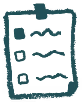 Hand-drawn checklist with three square checkboxes and wavy lines representing text, inside a roughly sketched rectangular border.