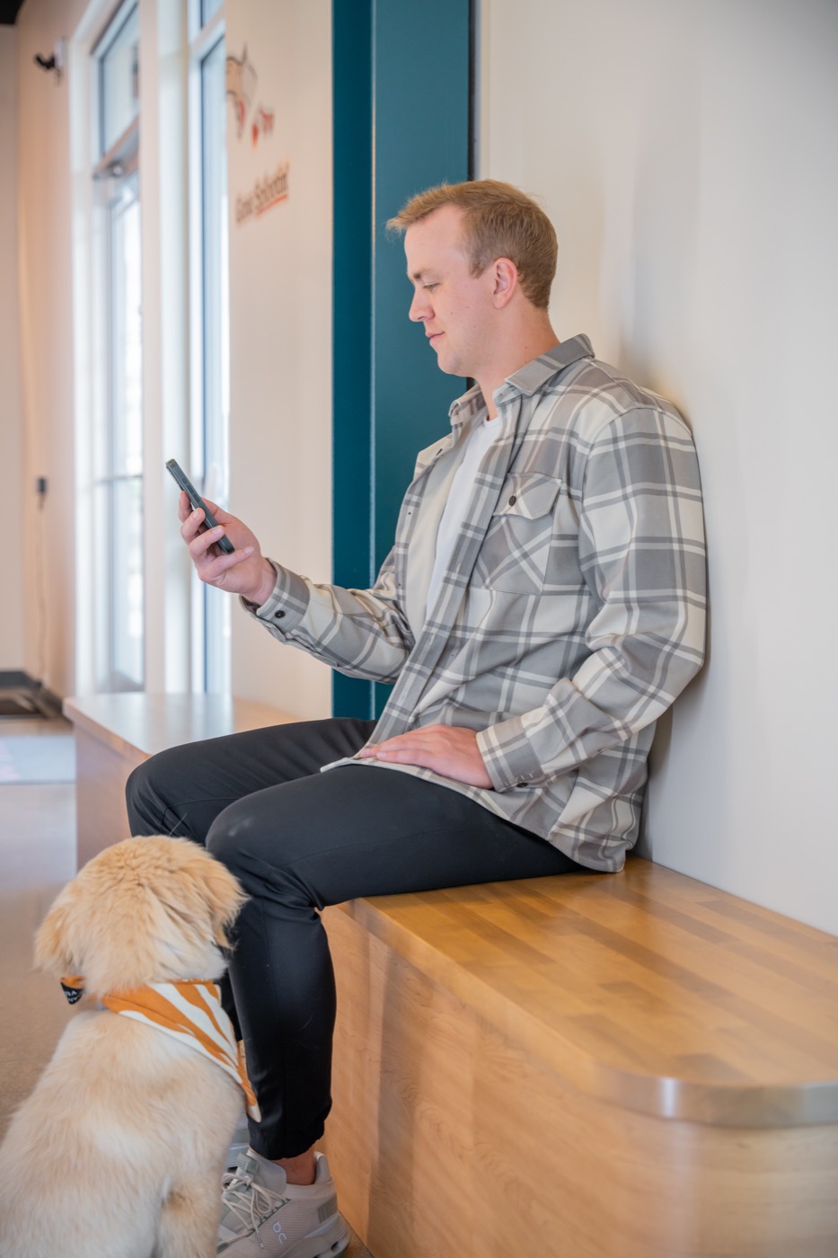 A pet parent staying connected with their vet from the Sploot app on his phone