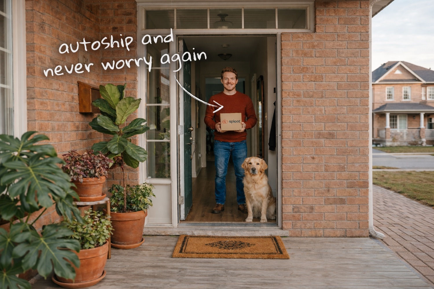 A pet parent receiving a Sploot pharmacy package at his door, with his dog